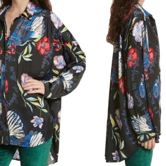 Free People Silky Nights Satin Tunic Top Blouse Shirt High Floral M bv - Picture 3 of 11